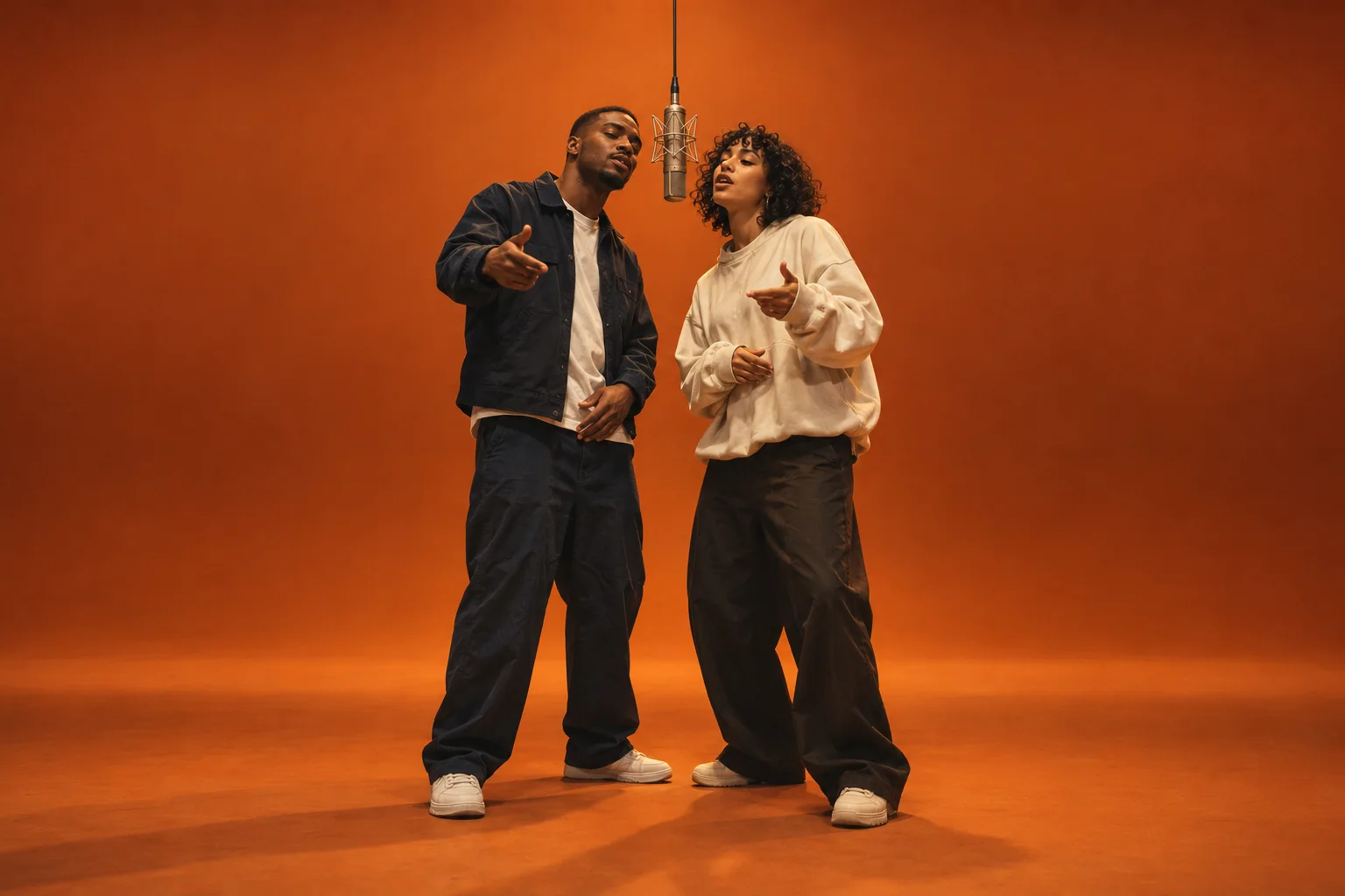 Two fictional adult performers sharing a suspended microphone on an original orange studio stage